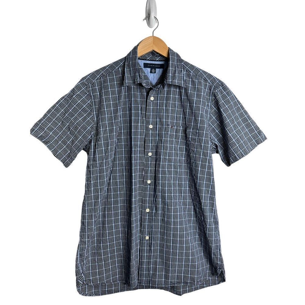 Tommy Hilfiger Shirt Short Sleeve Mens Blue Button Front Size Medium